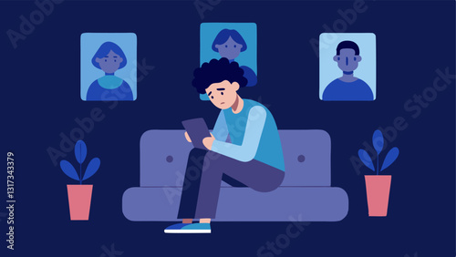 Regretful Post A person sitting alone on a couch looking at their phone with a worried expression while scrolling past photos of friends at an event they didnt go to showcasing
