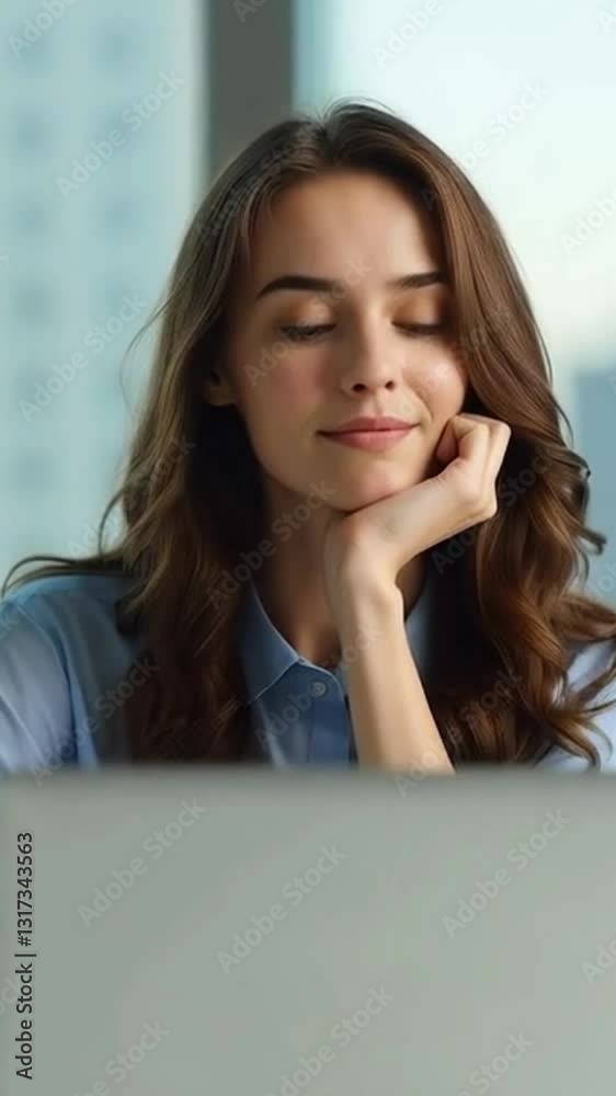 Focused young woman working on laptop in modern office overlooking city at sunset Focused young woman working on laptop in modern office overlooking city at sunset
