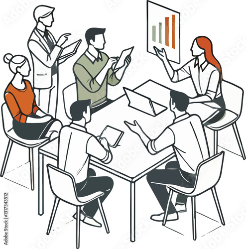 Business team having a meeting to discuss the project's analysis and strategy. A collaborative brainstorming session on a pure white background five individuals are seated around a table.