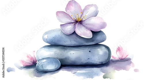 Serene Spa Watercolor Painting Stacked Stones and Delicate Flowers