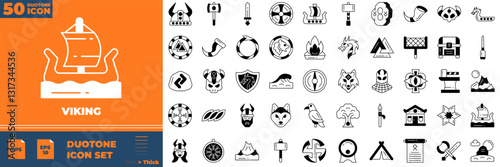 Viking icon set. Containing Viking Hammer And Ax, Bat,and more. Duotone vector icons collection.
