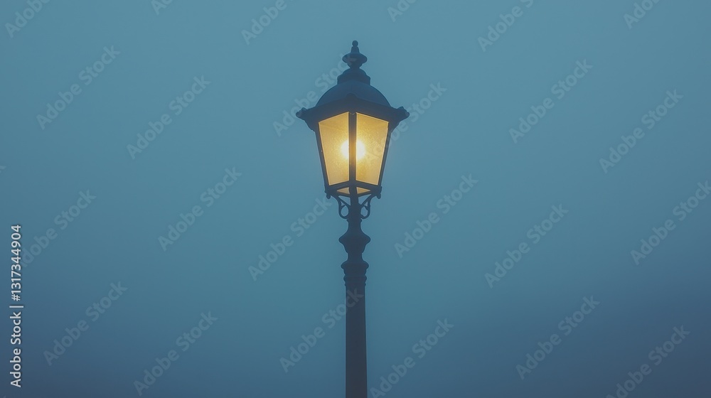 A single lamp post with a warm yellow light shines brightly in a thick, muted blue fog. The scene is atmospheric and serene. A single lamp post with a warm yellow light shines brightly in a thick, muted blue fog. The scene is atmospheric and serene.