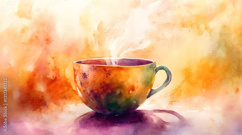 Obraz premium Warm Watercolor Painting of a Steaming Cup of Tea or Coffee