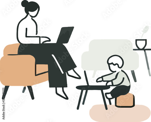 Working Mother Balancing Work and Childcare at Home . A working mom the scene shows a mother sitting on a couch working on a laptop while her child sits nearby playing .