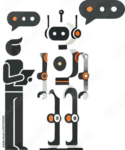 A person and a robot are interacting, both holding tablets, symbolizing collaboration . Human-Robot Interaction