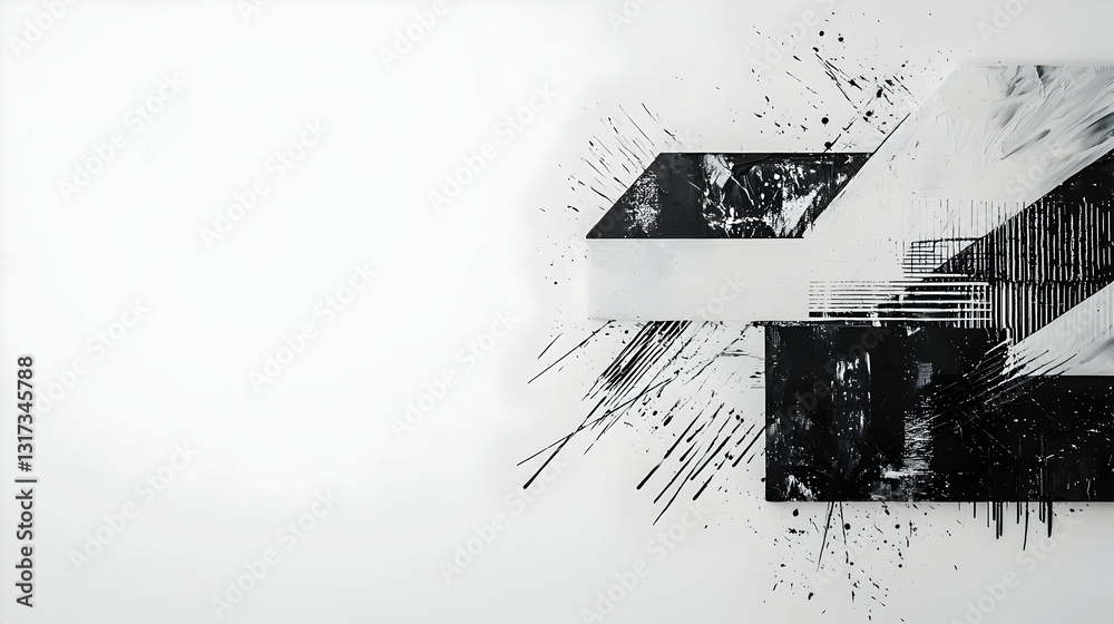 Fototapeta premium Abstract Black and White Geometric Composition With 3D Cubes and Pixelated Particles on a White Background With Dynamic Lighting and Perspective in a