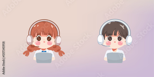 Happy cartoon cute student girl and boy study online school with computer laptop hand draw art illustration. Premium vector design.