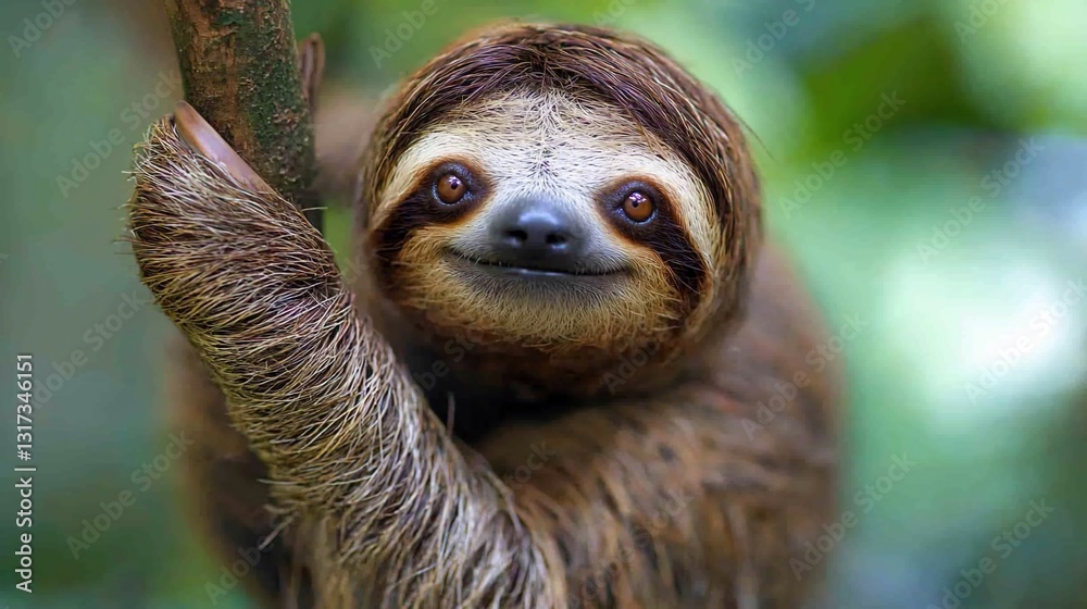 Close-up of a smiling sloth hanging on a tree branch in a lush green forest. Close-up of a smiling sloth hanging on a tree branch in a lush green forest.