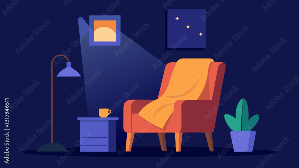 Fototapeta premium Relaxation Corner A cozy corner featuring a comfy chair dim lighting and a blanket inviting workers to take short relaxation breaks during the day.