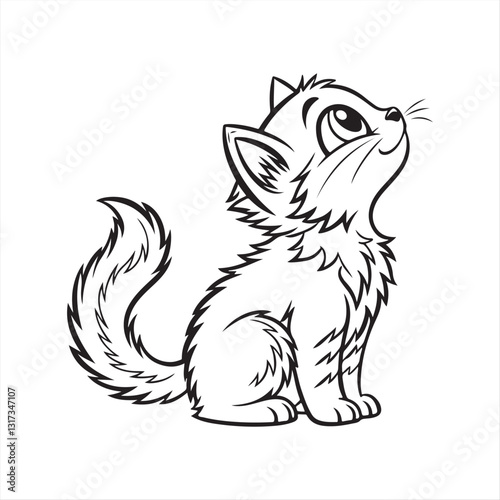 Cartoon Black and White Line Drawing of a Fluffy Kitten with Expressive Eyes