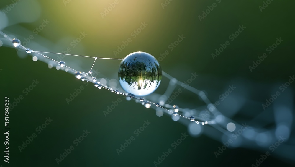 A delicate macro shot of a water droplet suspended on a spider web, reflecting the surrounding environment like a tiny lens. The intricate web strands glisten in soft natural light A delicate macro shot of a water droplet suspended on a spider web, reflecting the surrounding environment like a tiny lens. The intricate web strands glisten in soft natural light