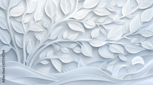 Intricate white paper art with delicate leaves and snowy accents, winter wonderland masterpiece