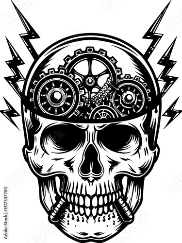 SVG vector features energy elementals and machine skulls. Skull with Gears and Lightning Bolts Design for Creative Projects