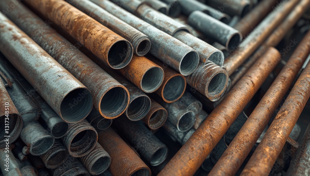 Rusty metal pipes stacked in a pile Rusty metal pipes stacked in a pile