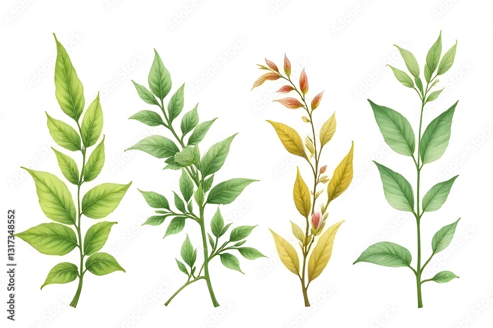 Obraz premium Watercolor Botanical Illustration of Various Leaf Branches