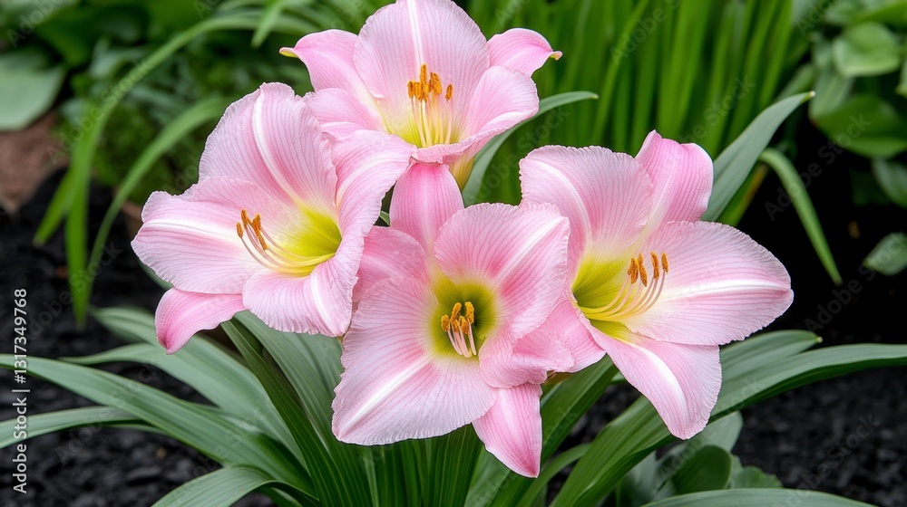 Close up view of four light pink daylilies with white edges blooming together, surrounded by vibrant green foliage and dark mulch. Close up view of four light pink daylilies with white edges blooming together, surrounded by vibrant green foliage and dark mulch.