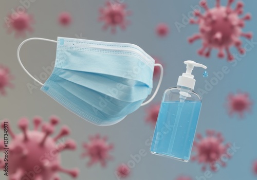 Medical surgical protective face mask with hand sanitizer dispenser, floating red virus particles. Disposable mask for mouth, nose, doctor, nurse, paramedic. Disease control, prevention, healthcare