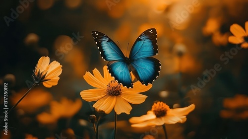 Blue Morpho Butterfly on Golden Flowers at Sunset photo