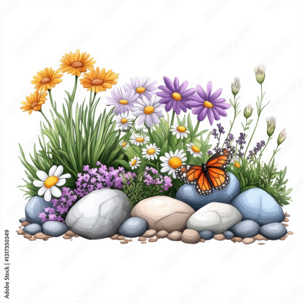 Obraz premium Colorful Flower Bed with Stones and Butterfly in a Garden Setting