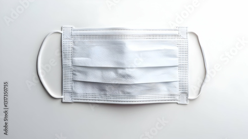 Single White Medical Face Mask On A White Background With Subtle Texture In A Sterile And Clean Top View Flat Lay Close Up Composition Ideal For