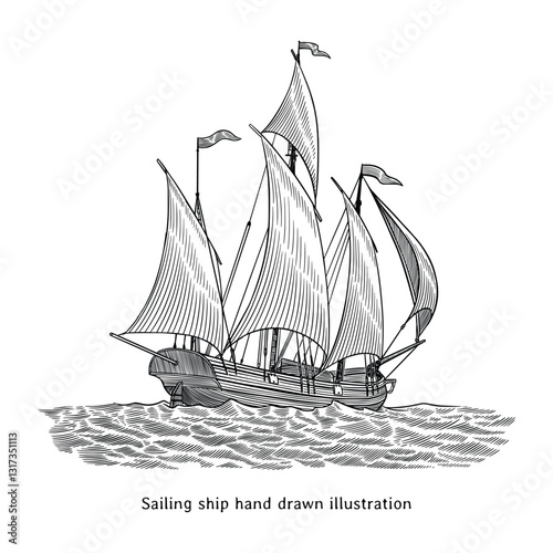 Sailing ship illustration. Vintage ship drawing. Vintage sailing ship hand drawn illustration in engraving style