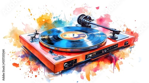 Vintage Turntable Watercolor Painting Red Music Player Vinyl Record Audio Equipment