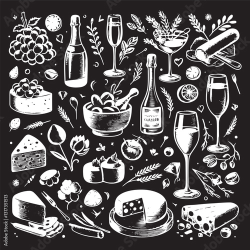 chalk food vector illustrations. wedding dinner icons, wine or champagne glass, cheese, and charcuterie drawings for wedding invitations, cafe menus, and parties