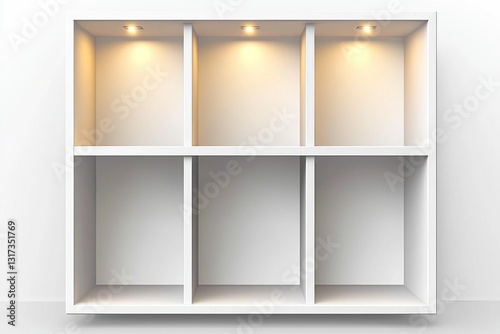 White, empty six-compartment shelf with individual spotlights