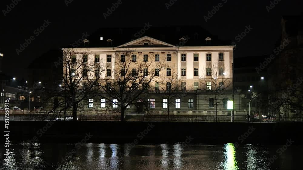 nighttime zurich's office buildings luxury apartments unmarked residential real estate elements showcase modern living switzerland panning shot spaces skyline nighttime zurich's office buildings luxury apartments unmarked residential real estate elements showcase modern living switzerland panning shot spaces skyline
