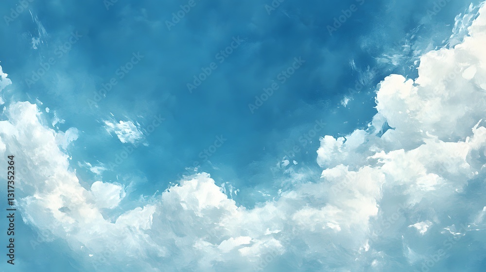 Fototapeta premium Serene Blue Sky with Fluffy White Clouds Artistic Watercolor Painting