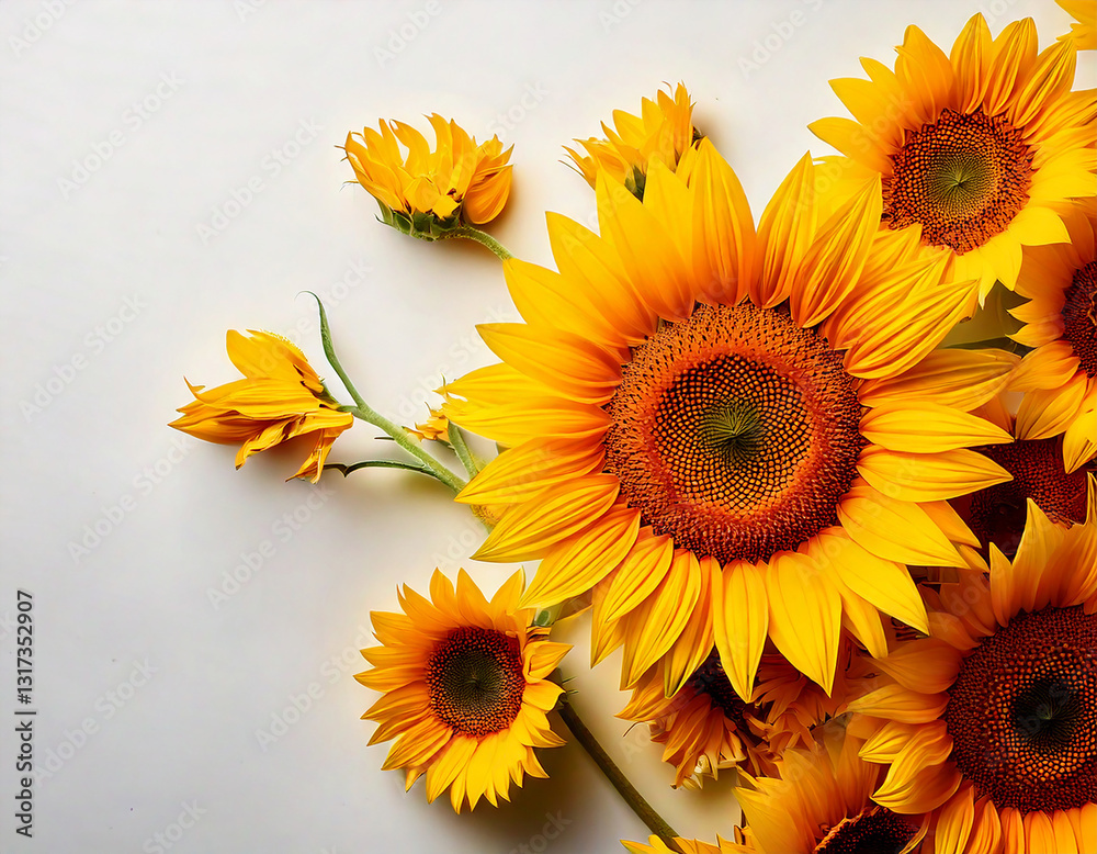 Fototapeta premium Sonnenblumen auf cremeweißem Hintergrund – Strahlende Frühlingsblumen mit natürlicher Leichtigkeit
