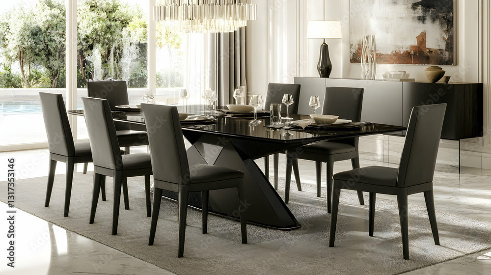 Fototapeta premium Modern black dining table set in luxury home, overlooking pool