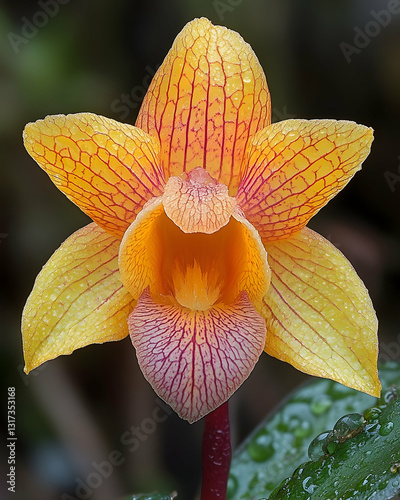 Vibrant orchid blossom with intricate patterns photo