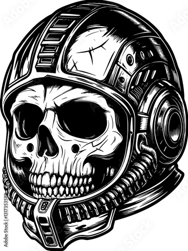 SVG vector features robotic and biomechanical skulls. Detailed Illustration of Skull Wearing Futuristic Helmet Design