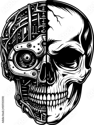 SVG vector features robotic and biomechanical skulls. Robot and Skull Illustration Merging Technology and Humanity