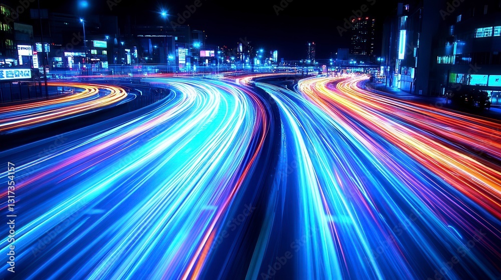 Vibrant streaks of light from vehicles illuminate a nighttime cityscape. Long exposure photography captures the dynamic energy of urban traffic.
