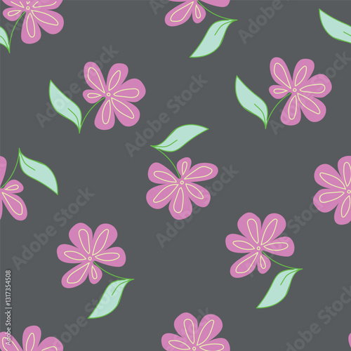 Elegance pink floral stems seamless pattern on a grey background. Vector hand drawn. Artistic, abstract flowers and tiny leaves, buds bells printing. Template for designs, fabric, fashion, textile