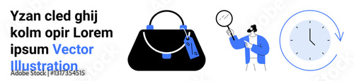 Handbag with tag, detective inspecting with magnifier, clock showing time. Ideal for fashion, investigation, shopping, punctuality, organization time management and mystery. Flat landing page