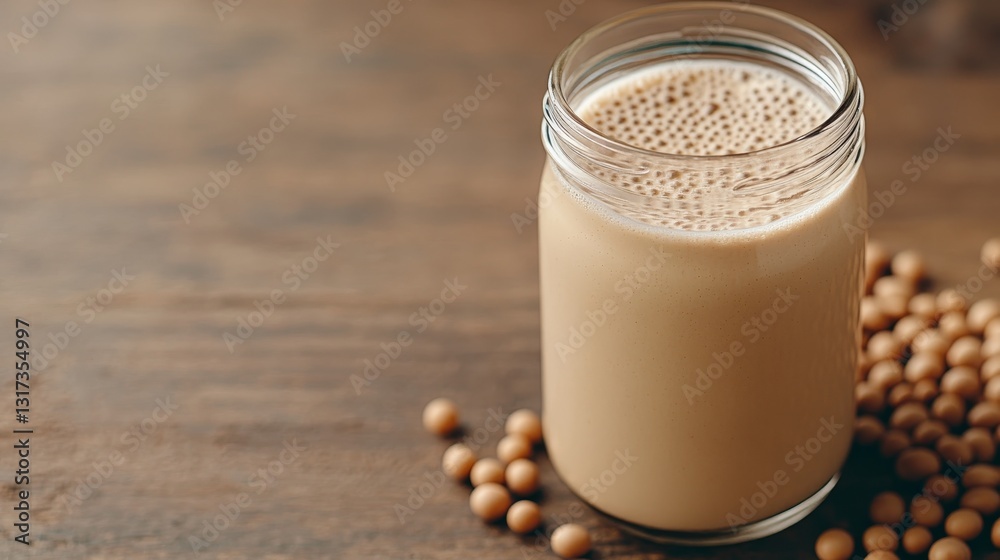A glass bottle with creamy soy milk surrounded by soy beans. Glass bottle with soy milk in warm and earthy tones. A glass bottle with creamy soy milk surrounded by soy beans. Glass bottle with soy milk in warm and earthy tones.