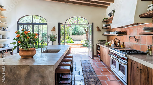 Sunlit kitchen with terracotta tiles, arched doors opening to a garden, island, and wooden cabinets.  Perfect for home design blogs