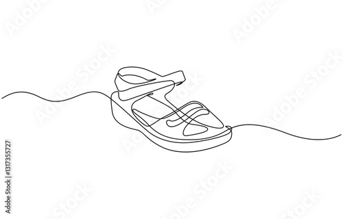 A shoe is drawn in a line on a white background. The shoe is a sandal with a strap, A simple black and white drawing of a flip flop with a cord attached to it. The flip flop is floating in the water.