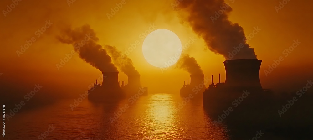 Fototapeta premium Industrial Nuclear Facility with Giant Cooling Chimneys Emitting Rising Steam Against the Blue Sky