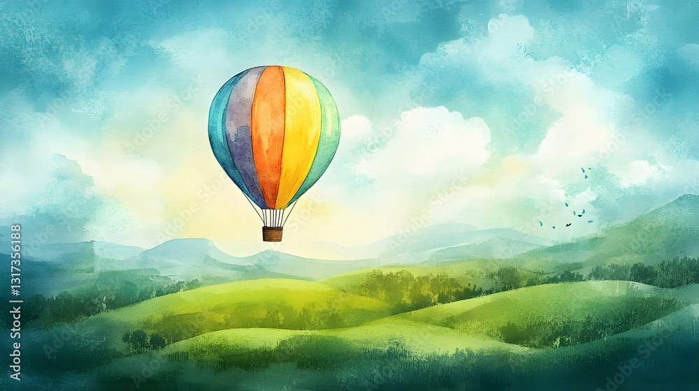 Obraz premium Colorful Hot Air Balloon Soaring Over Lush Green Rolling Hills and Blue Sky