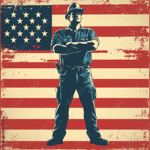 Wallpaper Mural Strong Construction Worker Standing Proudly in Front of Vintage American Flag Symbolizing Hard Work and Patriotism Torontodigital.ca