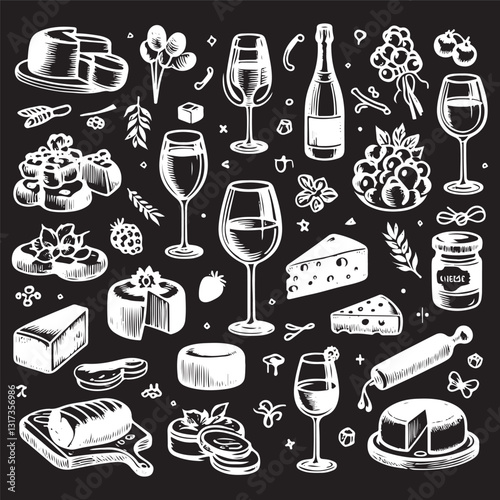 chalk food vector illustrations. wedding dinner icons, wine or champagne glass, cheese, and charcuterie drawings for wedding invitations, cafe menus, and parties