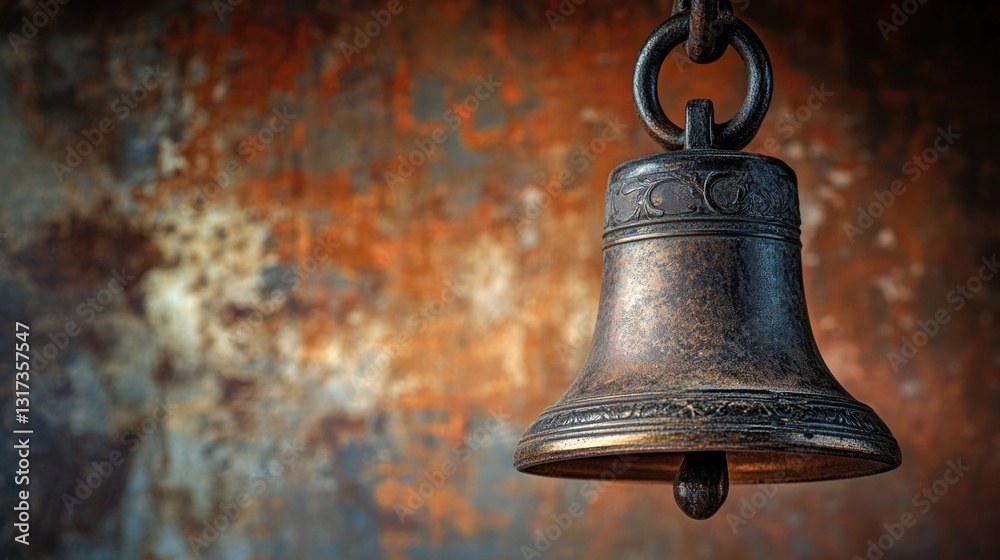 Obraz premium A bell hangs from a rusty chain attached to a decaying wall, evoking a sense of nostalgia and abandonment