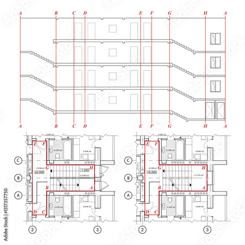 Architectural blueprints and cross section of a building