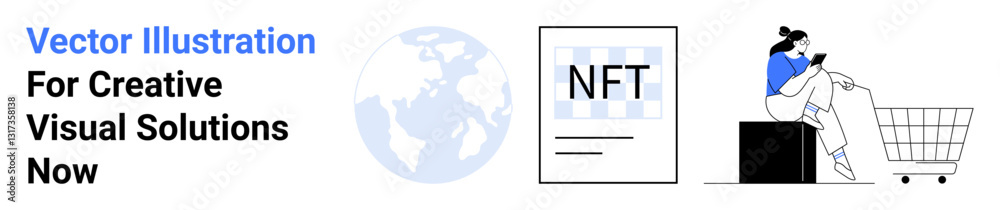 Globe representing global connections, NFT document for digital assets, person on mobile near a shopping cart. Ideal for NFTs, e-commerce, tech, finance, connectivity, mobile use flat landing page Globe representing global connections, NFT document for digital assets, person on mobile near a shopping cart. Ideal for NFTs, e-commerce, tech, finance, connectivity, mobile use flat landing page