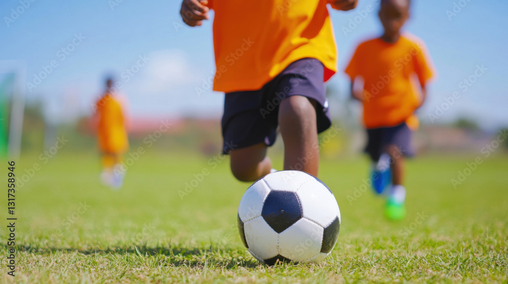 Children playing soccer on sunny day, wearing orange jerseys and running on grassy field. focus is on soccer ball in motion, capturing excitement of game Children playing soccer on sunny day, wearing orange jerseys and running on grassy field. focus is on soccer ball in motion, capturing excitement of game