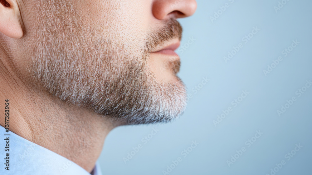 close up of man cheek and beard, showing detailed facial hair and skin texture against light blue background close up of man cheek and beard, showing detailed facial hair and skin texture against light blue background